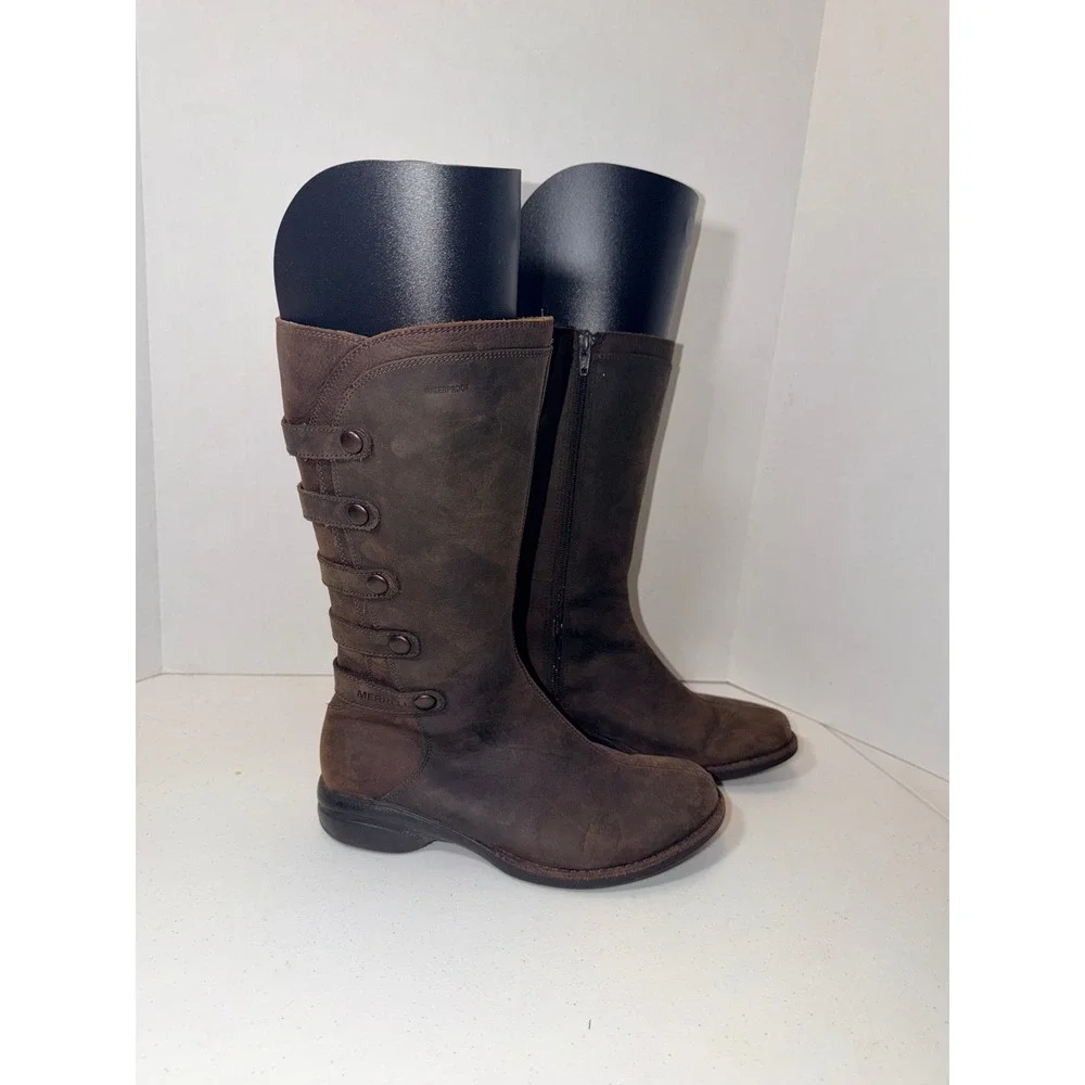 Merrell 1582671 Womens Brown Waterproof Leather Tall Button Strap Boots Size 6.5